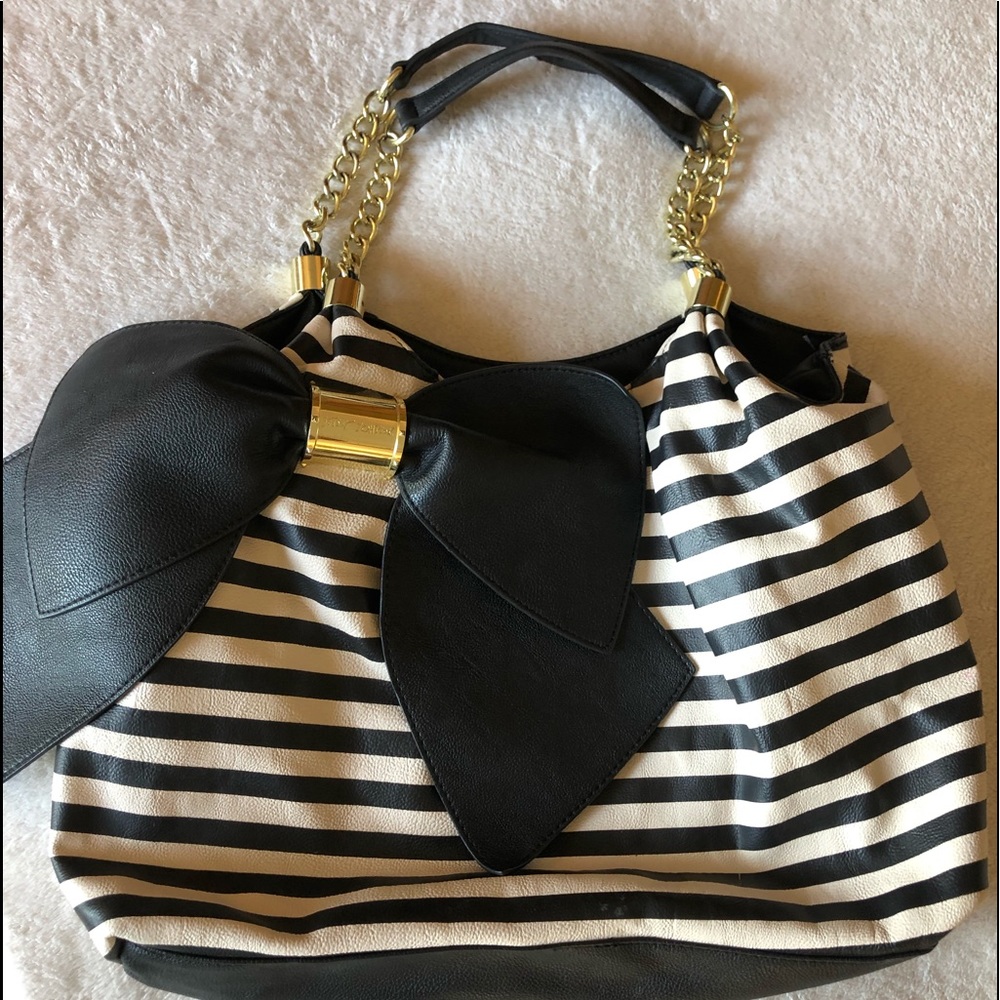 Betsy Johnson black & white stripped purse bag